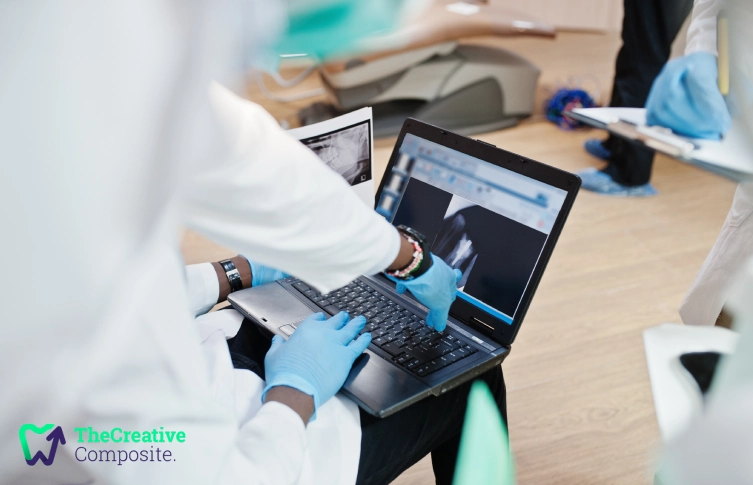 A person wearing blue gloves points at a dental x-ray on a laptop screen in a clinical setting, indicating focus and analysis.