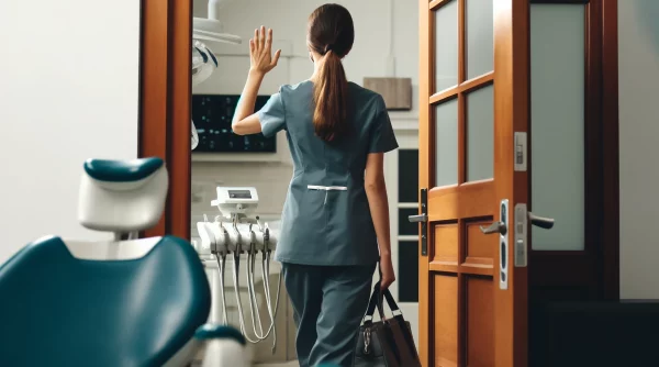 Dental nurse leaving the practice